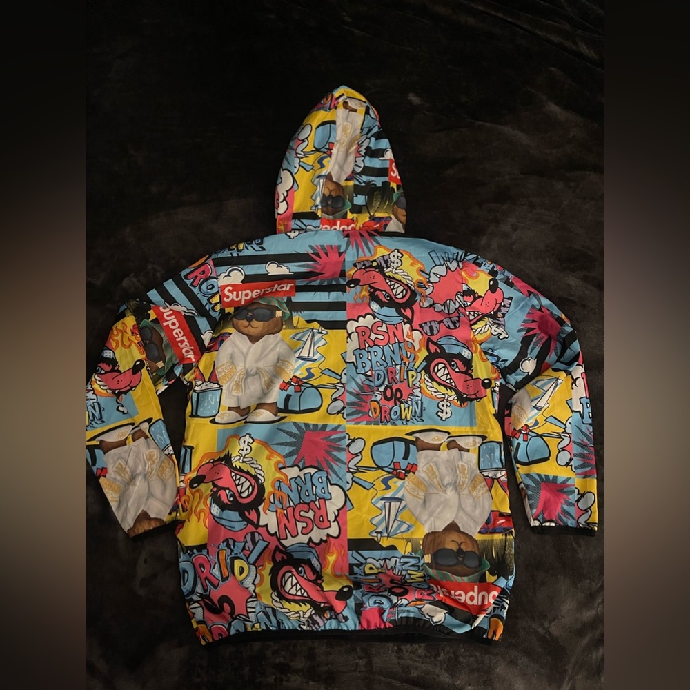 REASON BRAND PULLOVER Wind Breaker Jacket 1/4 Zip Superstar Bear Hooded Size L